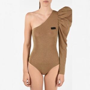 GCDS 70’s Gold Glitter One-Shoulder Bodysuit